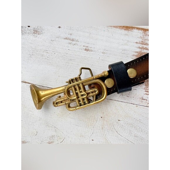 Vintage 70s leather belt Baron solid Brass Buckle cornet trumpet music band 34